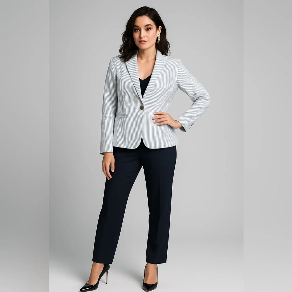 Ann Taylor Factory Womens Striped Blazer Size 16 Blue White Cotton Blend Jacket - Picture 1 of 15